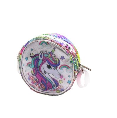 China Pvc+sequin border unicorn slanted shoulder bag for receiving bag rainbow glitter purse girl kids cartoon shoulder bag for sale