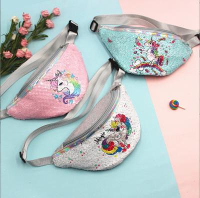 China Portable border unicorn printed sequins kids cartoon pockets casual sport and lovely little girl chest bag shoulder bag for sale