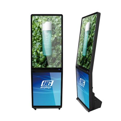 China Indoor Indoor Advertising L Digital Floor Stand Frame LCD Signage Mobile LCD Screen With Wheels And Led Magnetic Light Box for sale