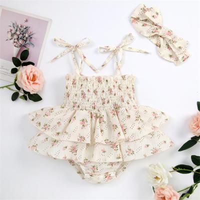 China Summer Custom Infant Clothing Spandex/Cotton 1Pcs Label Sleeveless Tie Up Floral Elastic Ruffle Baby Girls Tutu Romper With Headband for sale