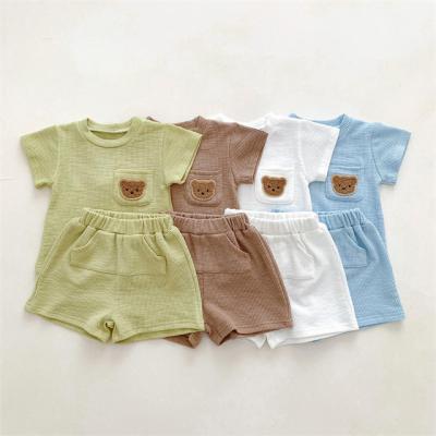 China 1Pcs Private Label Breathable Babies Clothes Outfits Cute Bear Short Sleeve T-shirt Pocket Shorts Ribbed Cotton Boys Clothing Sets for sale