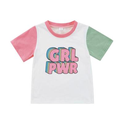 China 1Pcs Breathable Custom Label Summer Infant Girls Clothes Short Sleeve Grl PWR Color Block Baby Multicolor Quilting T-Shirts for sale