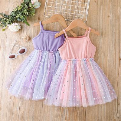 China RTS 1Pcs Breathable Infant Toddler Strap Sleeveless Candy Logo Label Summer Baby Clothes Ribbed Cotton Tulle Girls Dresses for sale