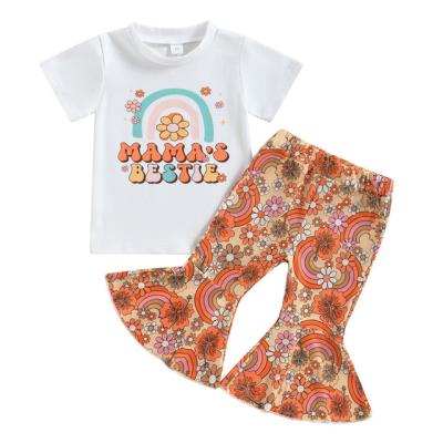 China 1Pcs Custom Logo RTS Summer Baby Casual Infant Clothes Cotton Girls T-shirts Floral Print Rocket Floral Pants 2Pcs CasualcSuits for sale