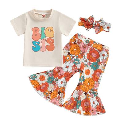 China Custom Logo RTS Summer Toddler Clothes 1Pcs Cotton Newborn Infant GirlsT-shirts+Floral Flare Long Pants+Headwear Outfits for sale