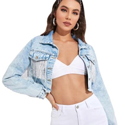 China Sustainable XS - L New Arrivals Distressed Denim Jackets For Ladies Fashion Black Crop Women Denim Jacket for sale