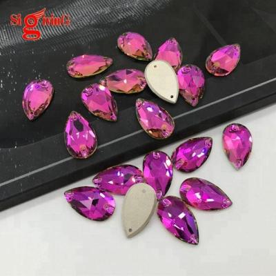 China Rose Crystals Strass Flat Back Glass Sewing Fuchsia Clothing Two Holes Drop Sharper Grade 6A Big Cut Edge Big Rhinestone Sew On Rhinestones for sale