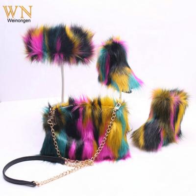 China Fashion 2021 warm winter rainbow hairy rainbow women shoes set bag fur boots and matching headbands purse purse handbags handbag for sale