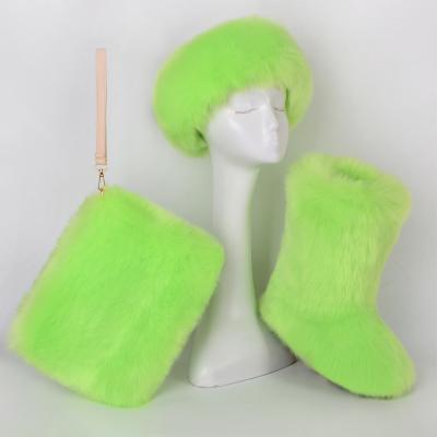 China Flat Factory 2021 USA EUR Fashion Fur Boot Headbands Pinch Sets Women Baby Kids Winter Snow Faux Fur Warm Matching Boots Set for sale