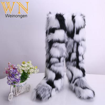 China Winter Warm Anti-Smell Winter Women's Long Tube Simple Color Boot Women's Faux Fox Raccoon Fur Knee High Shoes Outside Colorful Fluffy Fur Snow Boots for sale