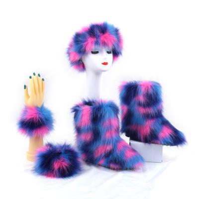 China Other 2021 New Ladies Fashion Colorful Snow Boots Set Women Fluffy Plush Cotton Flat Shoes Slap Winter Warm Headband Hairy Fur Boots for sale