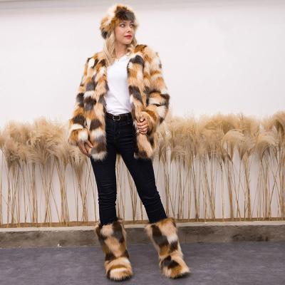 China Anti-wrinkle 3pecs women winter fall fashion warm plush coat multiple shoes sets popular colorful faux fox fur headband boots jacket sets for sale