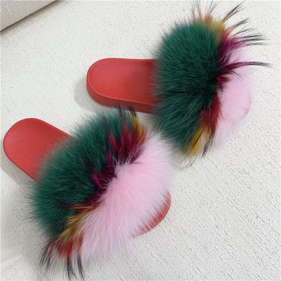 China Custom Hot Selling Animal Fur Anti-Slippery Summer Women Real Slippers Multiple Fox Fur Sandals Raccoon Fur Slippers for sale