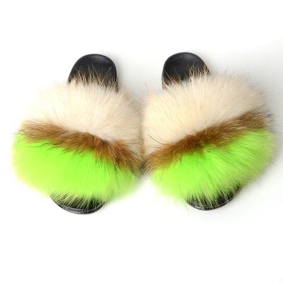 China Real Fur Slides EVA Furry Slippers Colorful Fox Street Style Anti-slippery Raccoon Fur Sandals for sale