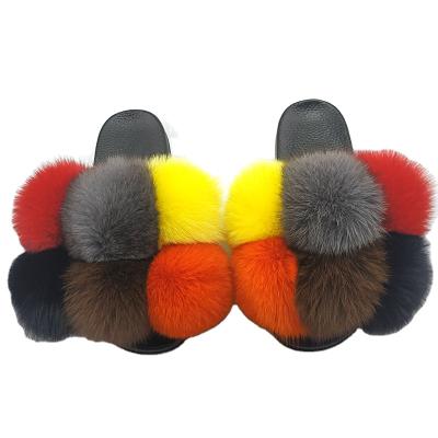 China 2020 Luxury Ladies Real Rex Rabbit Fur Pom Poms EVA Unique Anti-slippery Outdoor Sandals Shape Natural Fox Fur Slippers for sale