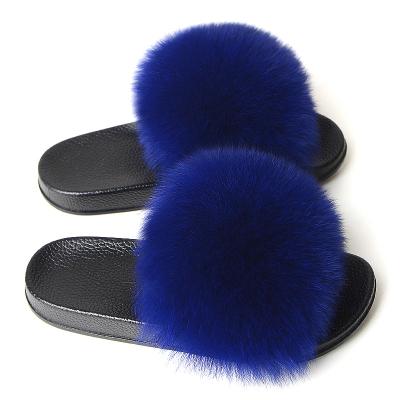 China Cheap Plush Real Fox Fur Outdoor Slides Anti-Slippery Fashion Hair Women Fluffy Furry Holiday Slippers Sandals For Women for sale