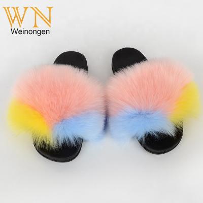 China New Summer Custom Made Anti-Slippery Colorful Faux Fur Slides For Women Hairy Slippers Slides Ladies Big Size Faux Fox Hair Sandals for sale