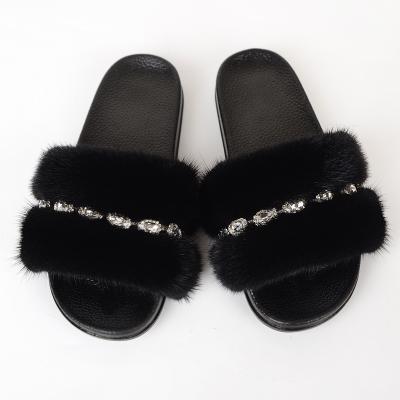 China Wholesale Lady Spring Summer Women's Slippers Real Mink Fashion Women's Anti-slippery Soft Fur Sandals With Diamond Color Natural Fur Slides for sale