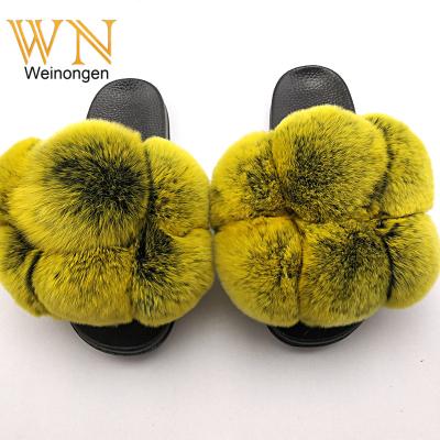 China Real fur sandals LOGO Women Rainbow color shoes rex rabbit fur material ball shape multicolor ladies luxury custom Anti-slippery slipper for sale