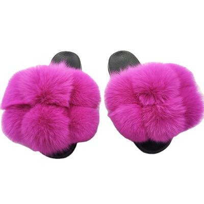 China LOGO Fashion Design Women Real Fox Fur Balls Slippers Summer Ladies Raccoon Fur Ball Colorful Fur Ball Slides Anti-slippery Custom Made for sale