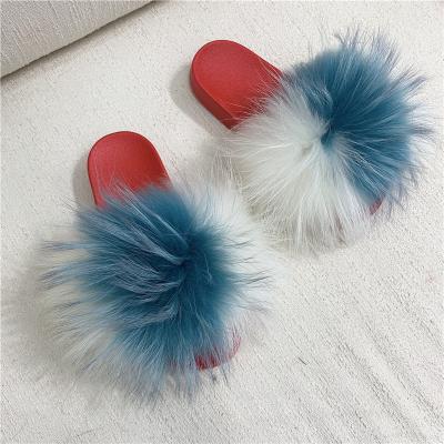 China Fluffy Natural Raccoon Fur Sandals Real Shiny Slippers Wholesale Anti-Slippery Fur Slides Big Fox Fur Slipper for sale