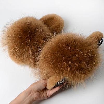 China Fashion Trend Women Hairy Slippers Fox Fur Flat Flip Flops Fluffy Sandals Fuzzy Rabbit Fur Real Slips Home Outside Female Luxury Fur Slippers for sale