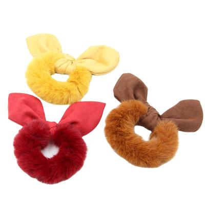 China Gift Winter Fashion Women Fluffy Elastic Hair Bands/Bands Plain Faux Color Accessories Soft Faux Rabbit Fur Scrunchies Imitation Hair Ties for sale