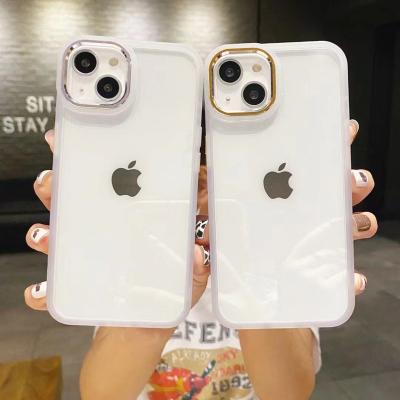 China 2022 Shockproof Luxury Electroplating Hybrid Metal Lens And Button TPU+Transparent Clear PC Phone Cover Cases For iPhone 14 13 Pro Max for sale