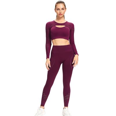 China Breathable Women 2 Piece Gym Wear Sets Sporty Workout Suit Yoga Clothes Long Sleeve And Legging Yoga Set for sale