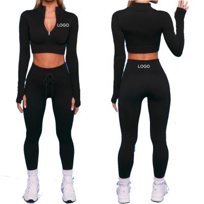 China Breathable Long Sleeves Crop Top Zipper Gym Leggings Fitness Yoga Set Two Piece Ribbed Tank Women's Tracksuit for sale