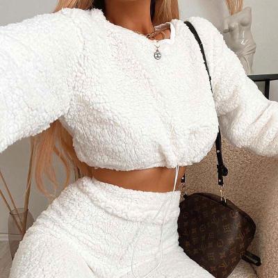 China Custom Made Comfy Pullover Half Fuzzy Plain White Flannel Hoodie Cheap 1 Piece Hoodies Women Anti-Wrinkle No Pocket Crewneck Sweatshirt for sale