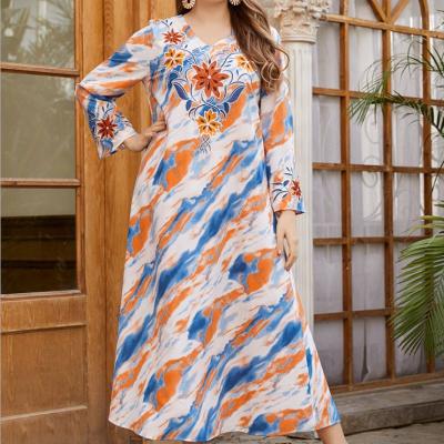 China Polyester Fiber Ethnic Women's Dress Stand Collar Contrast Color Muslims Printed Long Style Long Sleeve Muslim Dress for sale