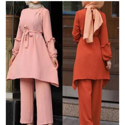 China New Daily Casual Formal Muslim Two Piece Long Sleeved Outfit Kaftan Belt Islamic Clothing Kaftan Moroccan Arab For Women for sale