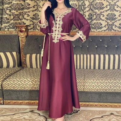 China Modest Muslimah Styling Soft Satin Jalabiya Hijab Dress For Women Autumn 2021 Fashion New Dubai Gold Brown Moroccan Arab Muslim Kaftan Long Dress for sale