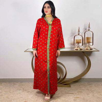 China Eid Mubarak Abaya Dress for Women Muslim Red Sliver V-Neck Sleeve Full Floral Plus Size Turkey Dubai Arabic Clothing New DF20AB016 for sale