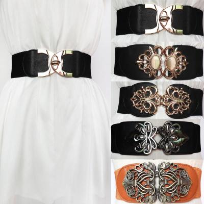 China Bohemia Vintage Metal Buckle Elastic Women's Strap Flower Base Wide Stretchy Stretch Belt for Dress for sale