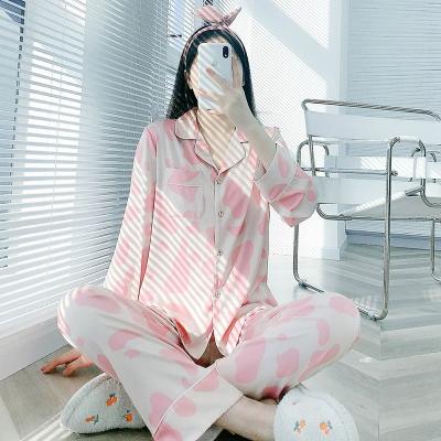 China Comfortable Korean Elegant Female Satin Sleepwear Quality Long Sleeve Silk 2 Piece Pajamas Set for sale