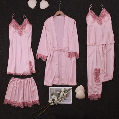 China QUICK DRY Spring Ladies Warm Silk Long Pajama Pants Soft 5 Piece Nightgown Sets for sale