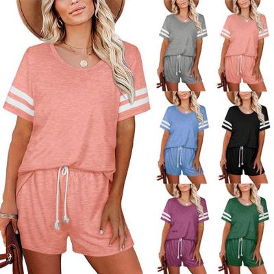 China QUICK DRY Women's Striped Short Sleeve Cotton Nightgowns T-shirt Pocket Shorts Casual Loungewear Pajamas Set for sale