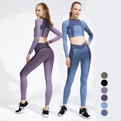 China RTS Color Contrast Sports Suit Set Crop Top Yoga Set Solid Tight Breathable Fitness Long Sleeve Top Set for sale