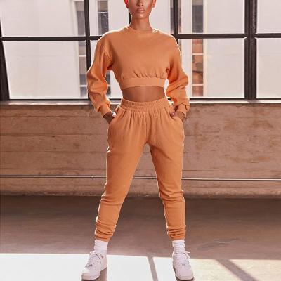 China Breathable Ribbed Crewneck Crop Tops And Joggers Loose Sets Long Sleeve 2 Piece Sets Womens Elastic Waist for sale