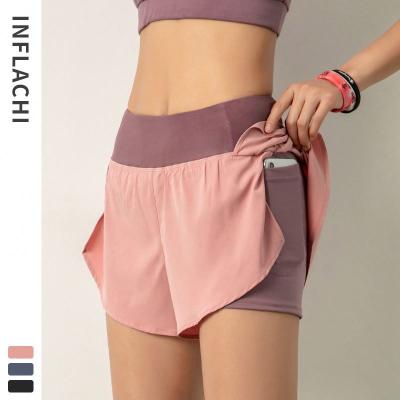 China Antibacterial Women Double Layer 2 In 1 Sports Gym Yoga Workout Shorts Tennis Shorts With Phone Pockets for sale