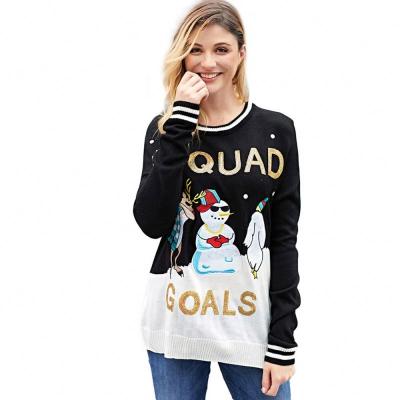 China Anti-wrinkle Fashion New Designs Christmas Cute Santa Claus Knit Black Hooded Pullover Plus Size Women Sweater for sale