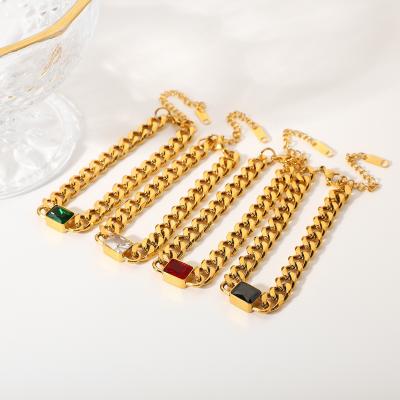 China Casual 18K/Sporty Gold Plated Rectangular Stainless Steel Bracelet Colorful Zircon Six Polished Cuban Chain Bracelets for sale