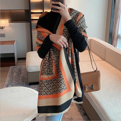 China Fashion cashmere double-sided scarf for women with European and American geometric jacquard warm shawl for sale