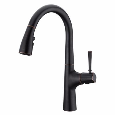 China GLOBE Contemporary Black Kitchen Faucet Pull Out Double Hole Deck-Mounted Water Supply 360 Degree Swivel Brass Body Faucet for sale