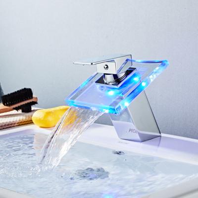 China JDOOR Waterfall RGB LED Bathroom Light Glass Basin Faucet 3 Colors Led Basin Taps Glass Colored Mixer Taps Bathroom Faucet for sale