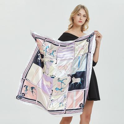 China 2021 new arrival fashion designer stock custom luxury silk satin scarf digital print square 90*90cm satin shawl for women for sale