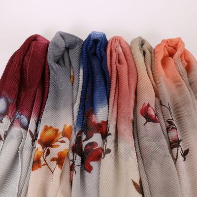 China New Fashion Print Fashion Gradient Shimmer Hijab Floral Print Glitter Scarf Muslim Hijab Pleat Women Head Scarves for sale