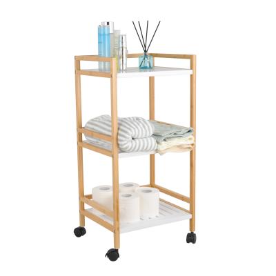 China 2021 New Design 3-Tier Sustainable Wooden Bamboo Standing Shelves With Wheels For Storage for sale